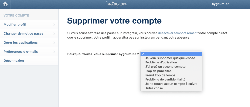 comment supprimer définitivement son compte instagram depuis le navigateur web de mon ordinateur