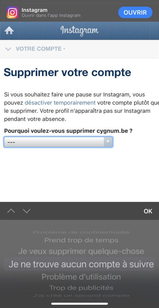 comment supprimer définitivement son compte Instagram depuis un mobile