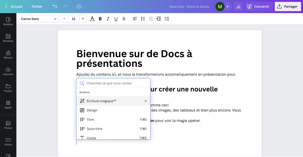 l'une des dernières fonctionnalité de Canva : l'écriture magique accompagnée par l'intelligence artificielle (de type Chat GPT)